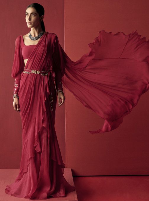 Little Wish - Deep Fuchsia Draped Ruffle Saree Set ? A Bold and Playful Ensemble with Dramatic Ruffles