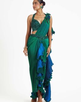 Little Wish - Green Blue Reversible Saree Set with a Dual-Tone Blouse