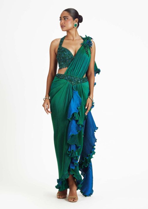 Little Wish - Green Blue Reversible Saree Set with a Dual-Tone Blouse