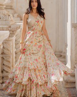 Little Wish - Off-White Stitched Saree with Belt ? A Modern Take on Traditional Drapes with a Chic Belt