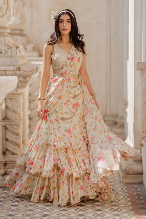 Little Wish - Off-White Stitched Saree with Belt ? A Modern Take on Traditional Drapes with a Chic Belt