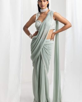 Little Wish - Sage Green Pre-Draped Embellished Sari with Blouse for a Subtle Shine