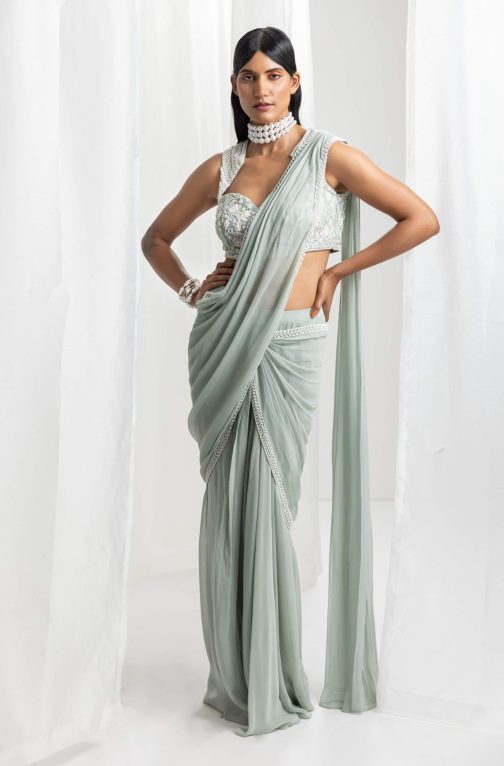 Little Wish - Sage Green Pre-Draped Embellished Sari with Blouse for a Subtle Shine