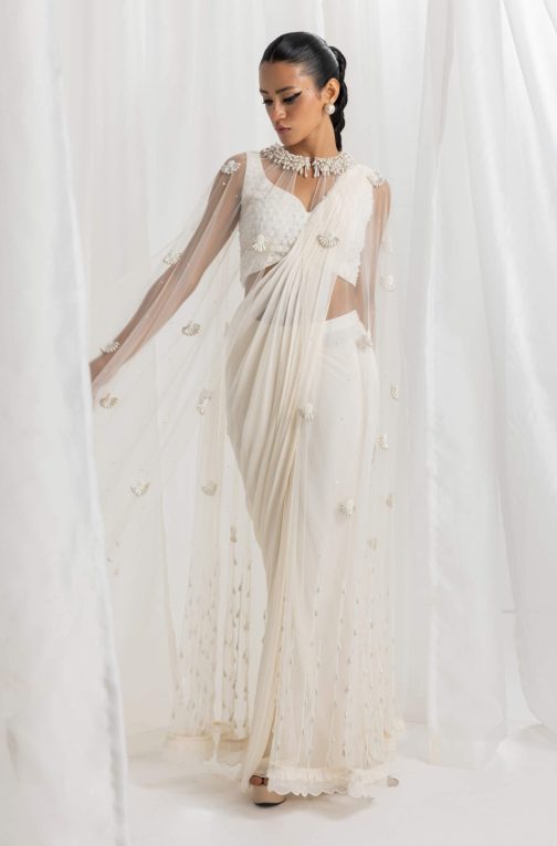 Little Wish - Ivory Pre-Draped Embellished Sari with Matching Cape and Blouse