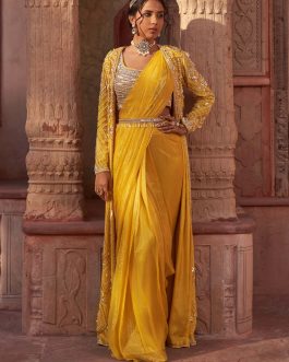 Little Wish - Yellow Draped Foil Sari with Cape Set for a Radiant and Festive Appeal