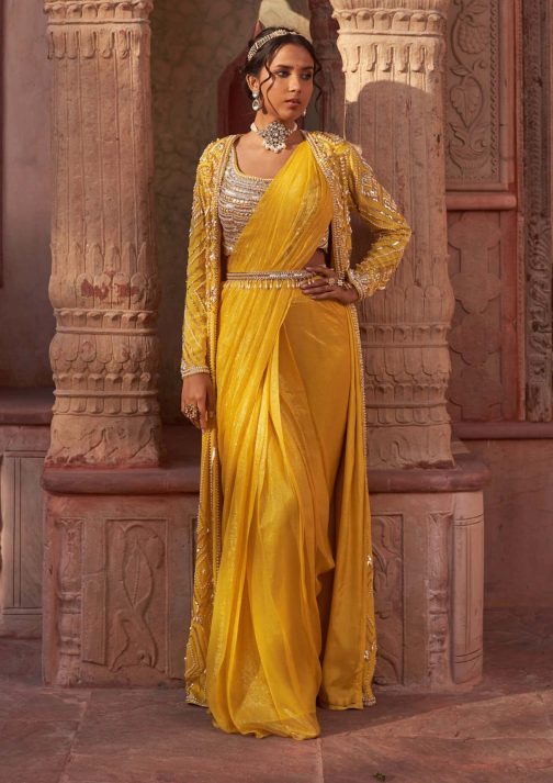 Little Wish - Yellow Draped Foil Sari with Cape Set for a Radiant and Festive Appeal