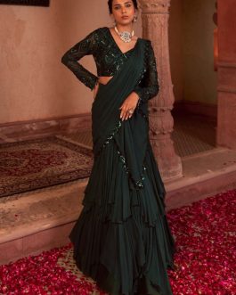 Little Wish - Bottle Green Embroidered Lehenga Sari Set for a Traditional Yet Modern Look