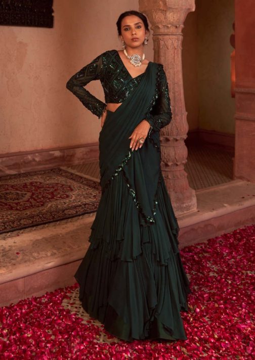 Little Wish - Bottle Green Embroidered Lehenga Sari Set for a Traditional Yet Modern Look