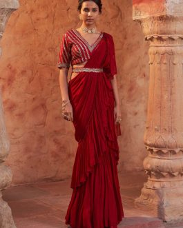 Little Wish - Red Embroidered Draped Sari Set with Exquisite Threadwork Details