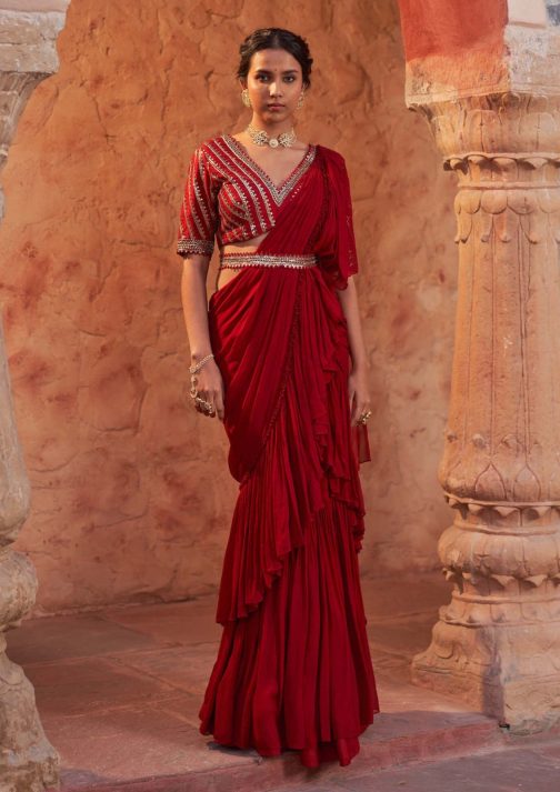 Little Wish - Red Embroidered Draped Sari Set with Exquisite Threadwork Details