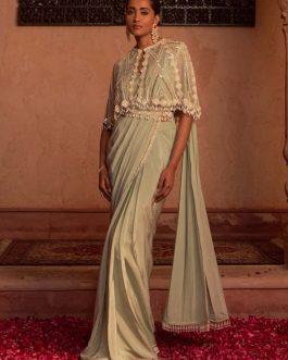 Little Wish - Sage Green Embroidered Sari and Cape Set for a Regal and Stylish Look