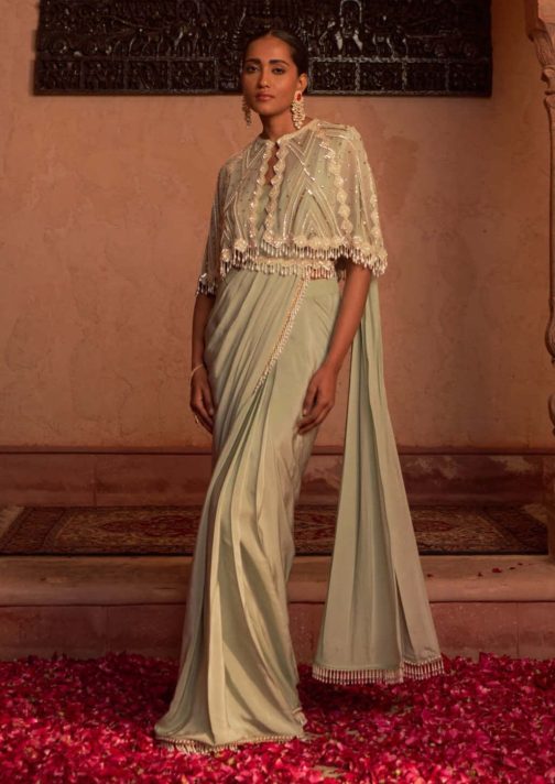 Little Wish - Sage Green Embroidered Sari and Cape Set for a Regal and Stylish Look
