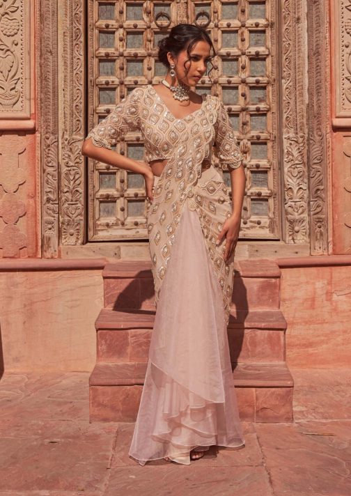 Little Wish - Champagne Embellished Draped Sari Set for a Soft, Glamorous Look