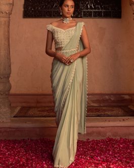 Little Wish - Sage Green Embroidered Sari Set with Intricate Detailing for a Luxe Look