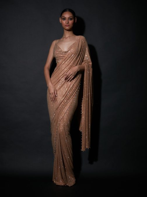 Little Wish - Nude Crystal Draped Sari and Blouse for a Soft, Sparkling Elegance