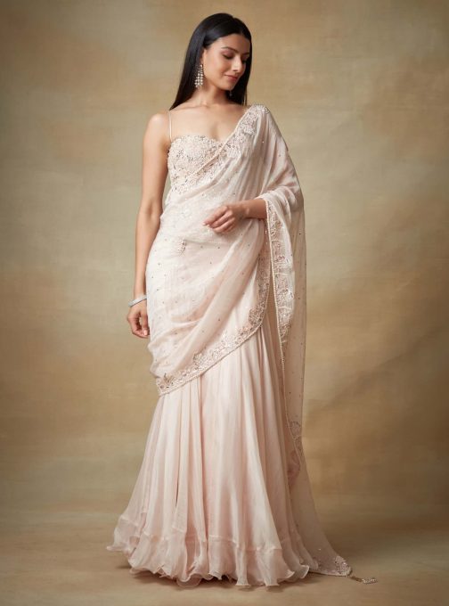 Little Wish - Soft Pink Stitched Sari with Corset Blouse for a Chic Statement
