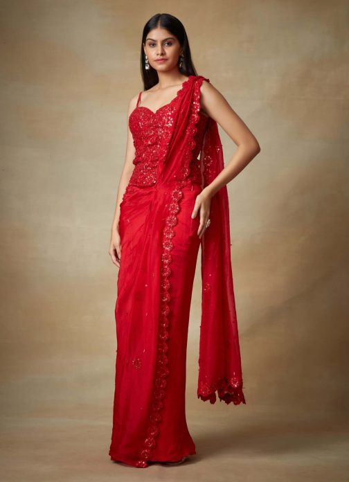 Little Wish - Red Sequin Embellished Sari with Corset Blouse for a Glamorous Look