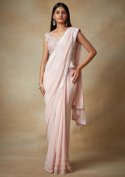 Little Wish - Blush Pink Pre-Stitched Sari for a Modern and Effortless Draping