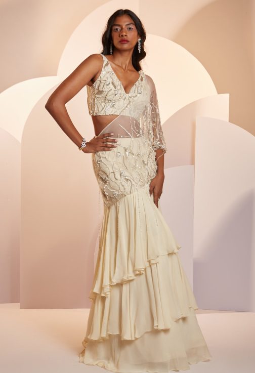 Little Wish - Dianne Ivory Draped Skirt with Corset Top for a Stylish and Modern Indo-Western Look