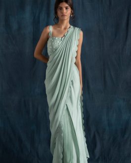 Little Wish - Mint Scallop Detail Pre-Stitched Saree Set ? A Unique and Delicate Design with Scalloped Edges