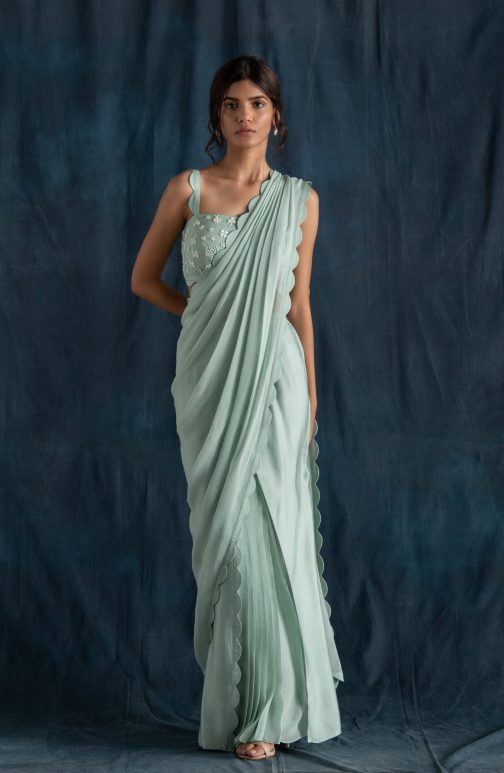 Little Wish - Mint Scallop Detail Pre-Stitched Saree Set ? A Unique and Delicate Design with Scalloped Edges