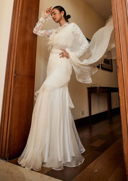 Little Wish - Nancy Ivory Feather Ruffle Saree Set with Elegant Blouse Design