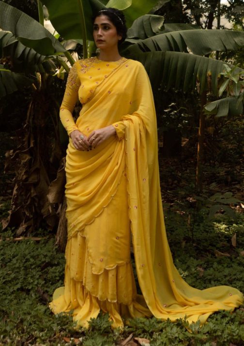 Little Wish - Yellow Draped Gharara Sari Set with Embroidered Blouse