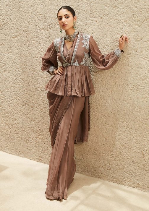 Little Wish - Brown Millennial Draped Sari Set with a Chic Blouse for a Trendy and Modern Silhouette