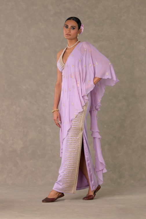 Little Wish - Lilac Trikone Sari Gown with a Beautifully Crafted Blouse and Intricate Embroidery