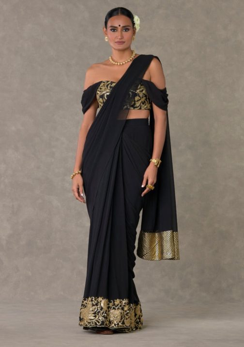 Little Wish - Black Neel Kamal Blouse and Sari Set with Timeless Detailing for a Classic and Elegant Look