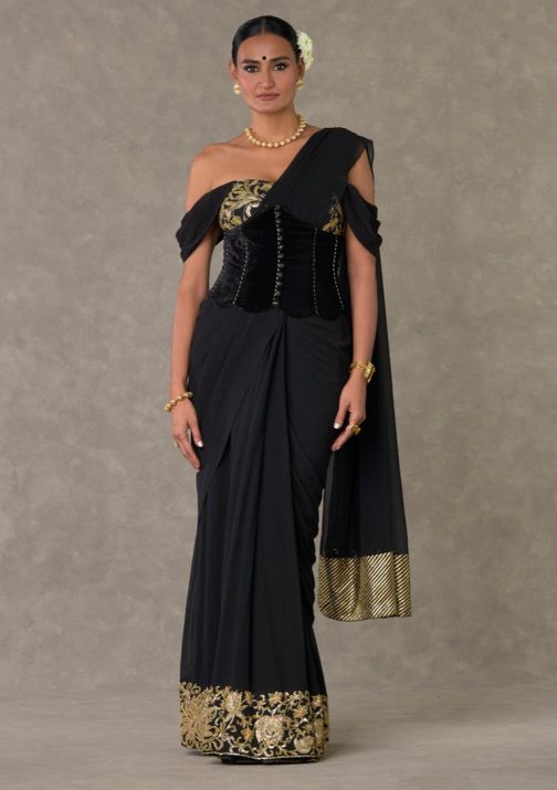 Little Wish - Black Neel Kamal Sari, Corset, and Blouse Set with Luxurious Embellishments for a Grand Appearance