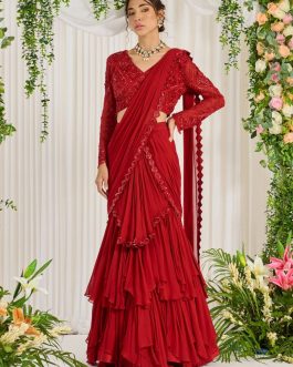 Little Wish - Red Draped Ruffle Lehenga Sari with Blouse for a Dramatic and Trendy Appeal