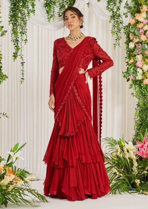 Little Wish - Red Draped Ruffle Lehenga Sari with Blouse for a Dramatic and Trendy Appeal