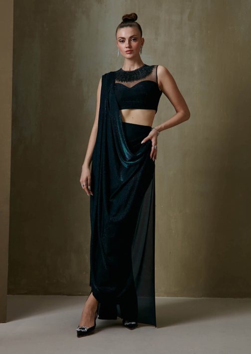 Little Wish - Peacock Green Draped Sari and Blouse for a Bold and Rich Look