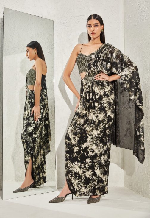 Little Wish - Black Metallic Draped Sari and Blouse for a Chic and Bold Look