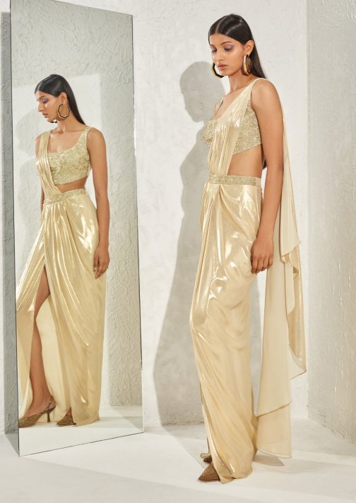 Little Wish - Gold Metallic Pleated Sari and Corset for an Elegant Evening Look