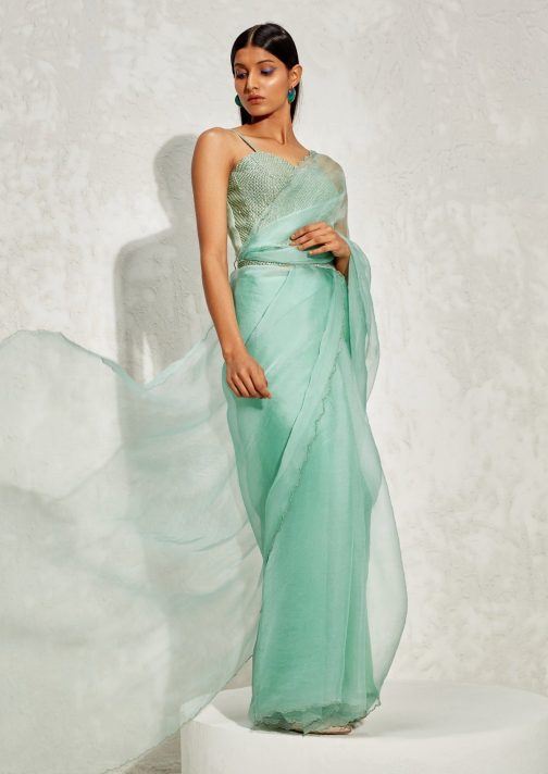 Little Wish - Jade Metallic Draped Sari Set with Elegant Pleats and Fluid Silhouette