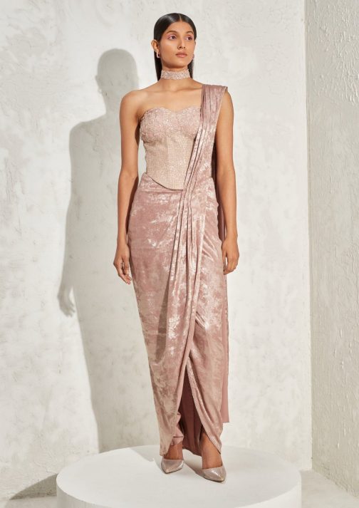 Little Wish - Rose Gold Belladonna Corset with Draped Sari for a Bold Statement
