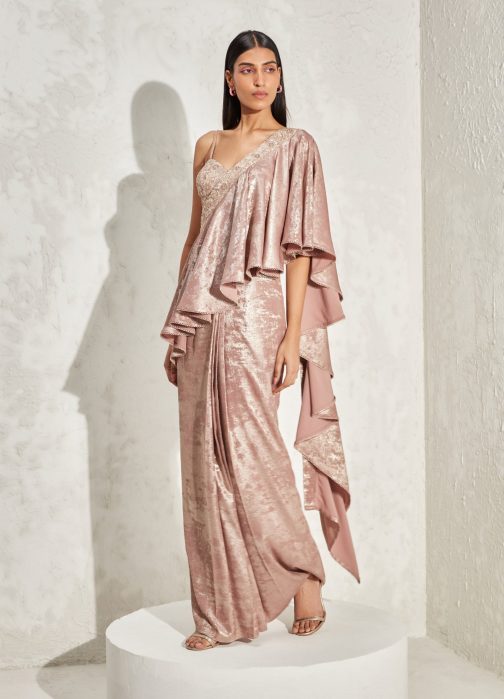 Little Wish - Rose Gold Shimmer Draped Sari with Blouse for a Radiant Look