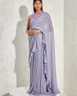 Little Wish - Purple Metallic Edge Draped Sari Set for a Contemporary Glam Look