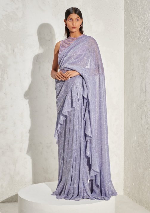 Little Wish - Purple Metallic Edge Draped Sari Set for a Contemporary Glam Look
