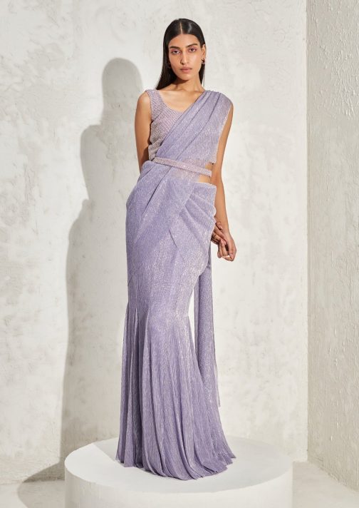Little Wish - Purple Pearl Gathered Draped Sari Set for a Unique Draped Style