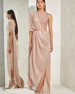 Little Wish - Rose Gold Metallic Draped Sari Set with Blouse for a Luxe Look