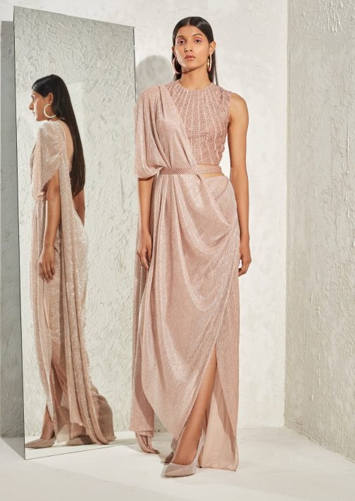 Little Wish - Rose Gold Metallic Draped Sari Set with Blouse for a Luxe Look