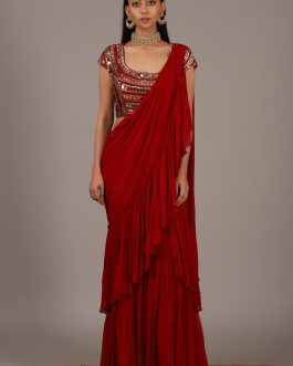 Little Wish - Red Draped Ruffle Saree Set ? A Bold and Feminine Look with Dramatic Ruffles