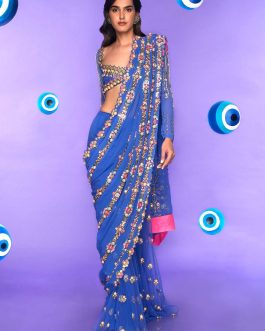 Little Wish - Blue Studded Pre-Stitched Sari with Blouse for a Modern and Luxe Statement