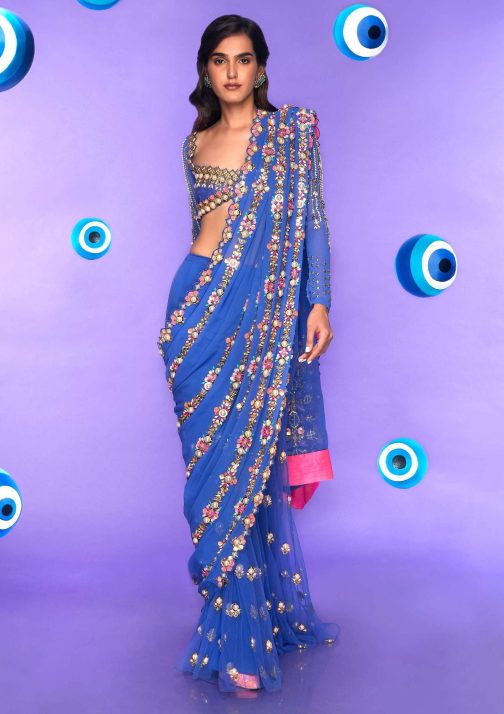 Little Wish - Blue Studded Pre-Stitched Sari with Blouse for a Modern and Luxe Statement