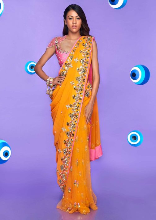 Little Wish - Mango Yellow Pre-Stitched Sari with Blouse for a Bright and Cheerful Festive Look
