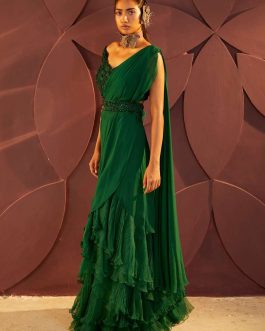 Little Wish - Green Embroidered Draped Sari Set with Intricate Threadwork for a Festive Appeal