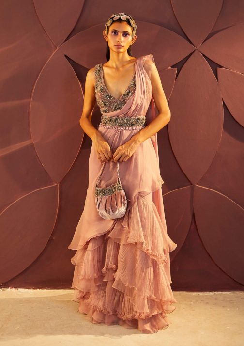 Little Wish - Dusty Rose Ruffled Sari Set with Elegant Draping and Feminine Flowy Layers